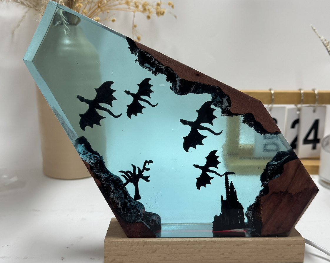 3D Dragon Resin Lamp with Blue Fantasy Scene Lighting