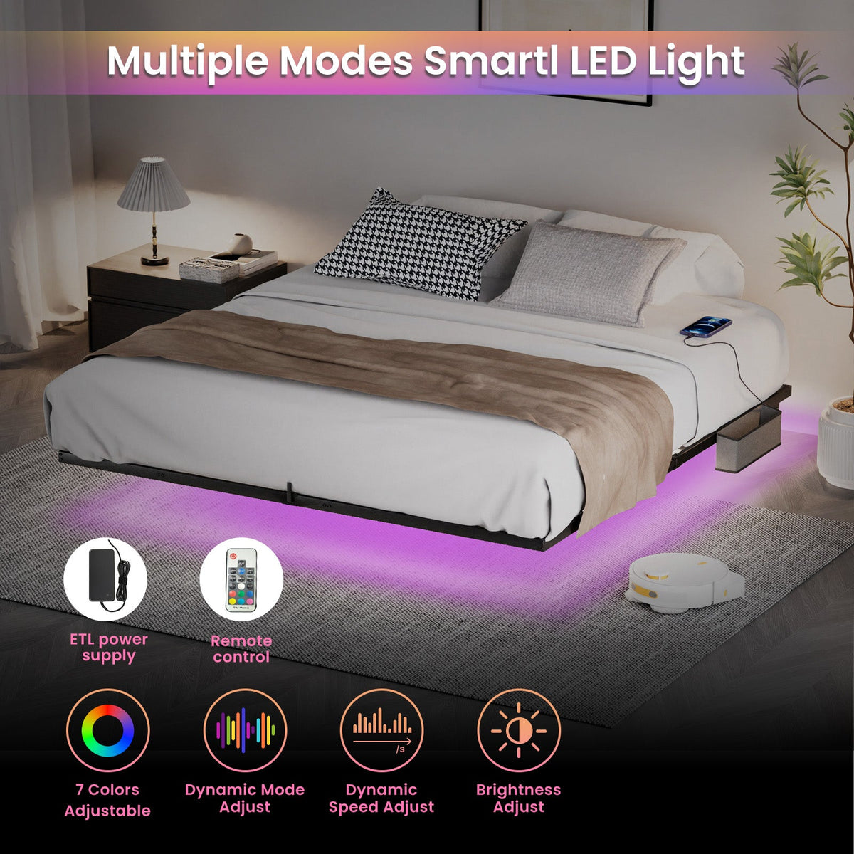 King Floating Bed Frame with LED Lights and Charging