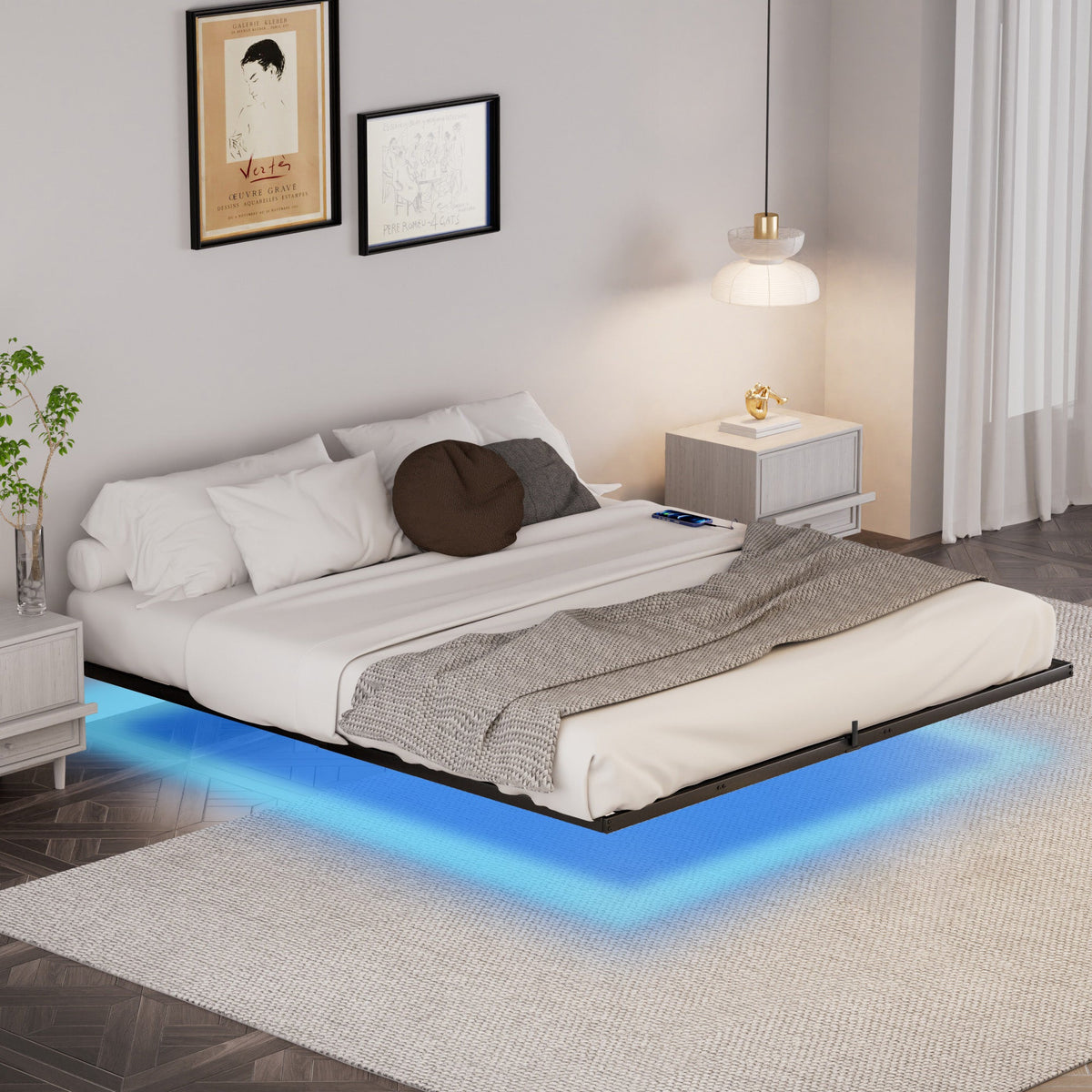 King Floating Bed Frame with LED Lights and Charging