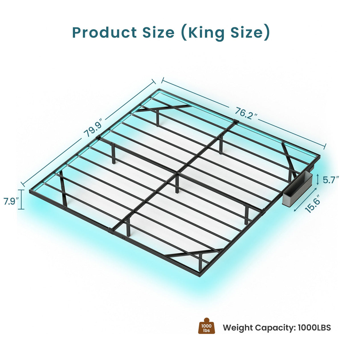 King Floating Bed Frame with LED Lights and Charging