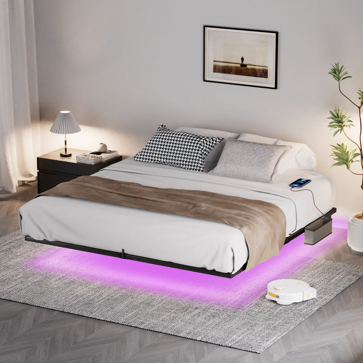 King Floating Bed Frame with LED Lights and Charging