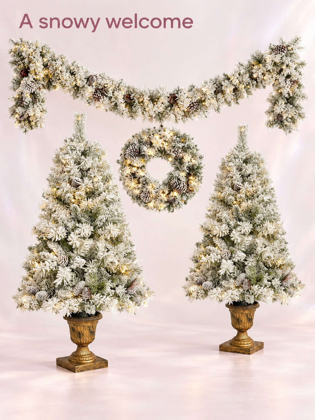 Flocked Christmas Tree Set with LED Lights, 4-Piece