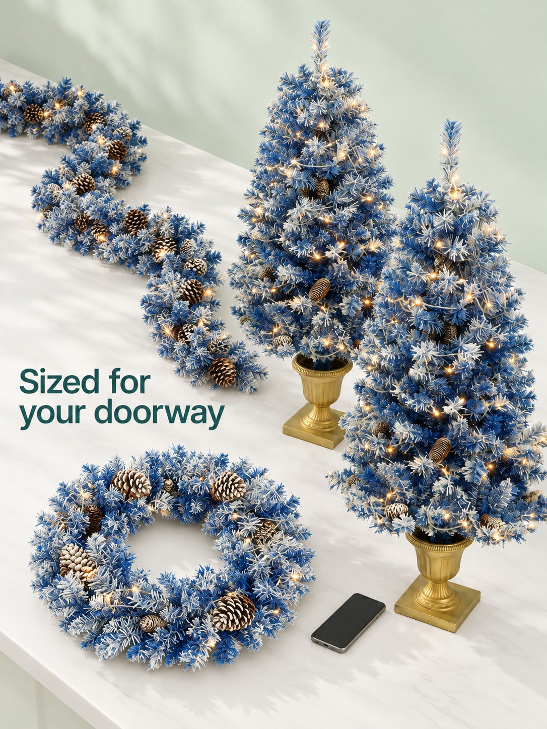 Flocked Christmas Trees with LED Lights, 4-Piece Porch Set