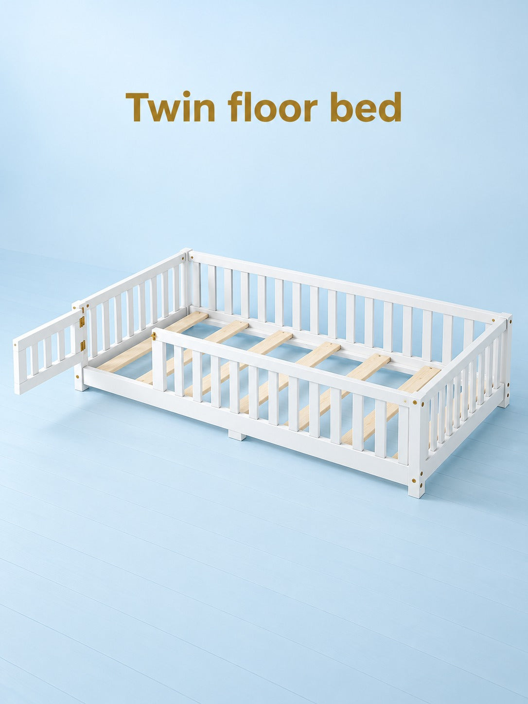 Floor Twin Bed with Safety Guardrails & Door for Kids
