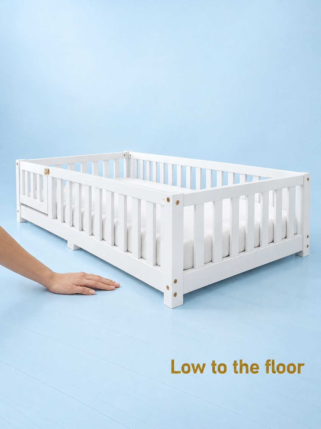 Floor Twin Bed with Safety Guardrails & Door for Kids