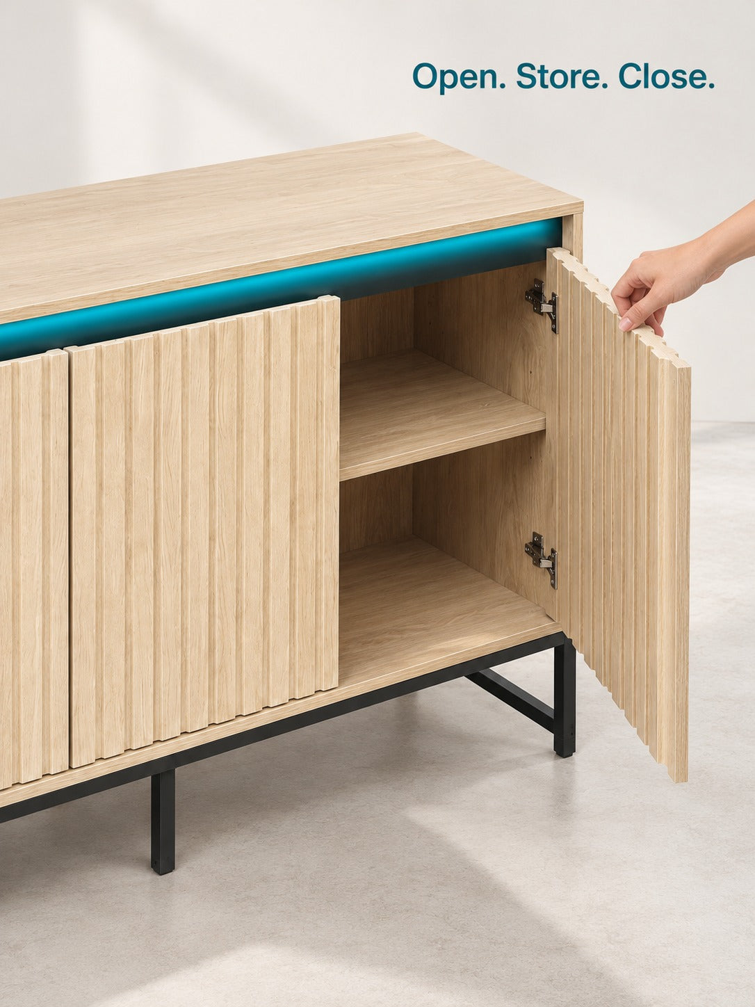 Fluted Coffee Bar Cabinet with LED Light and Storage