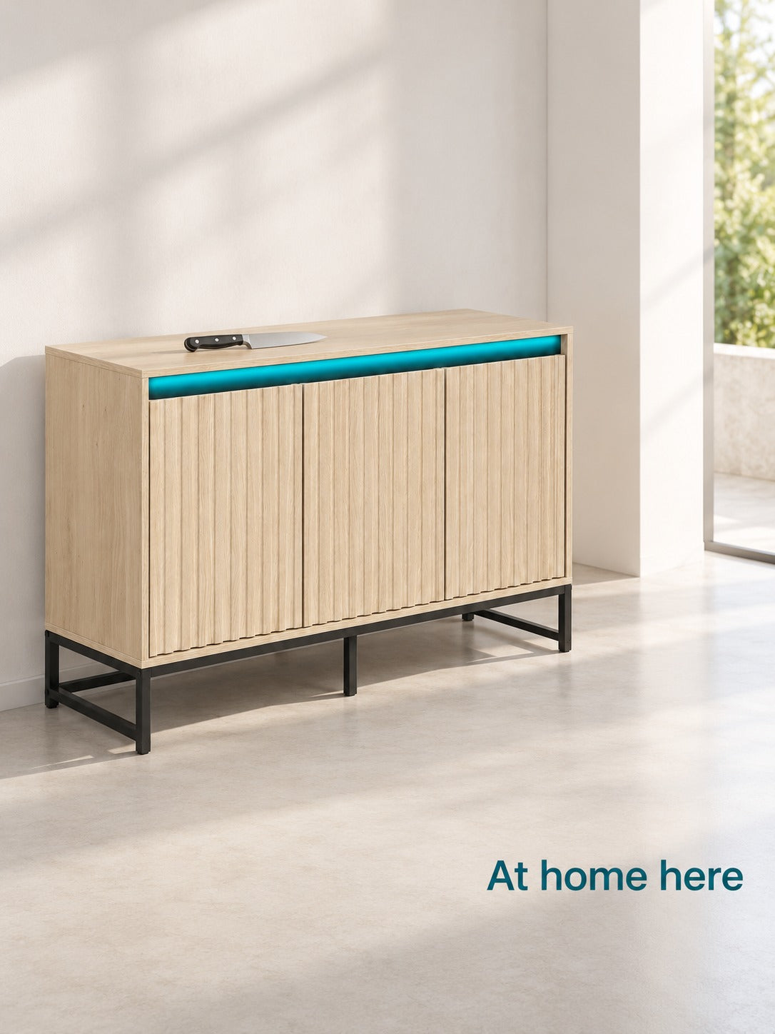 Fluted Coffee Bar Cabinet with LED Light and Storage