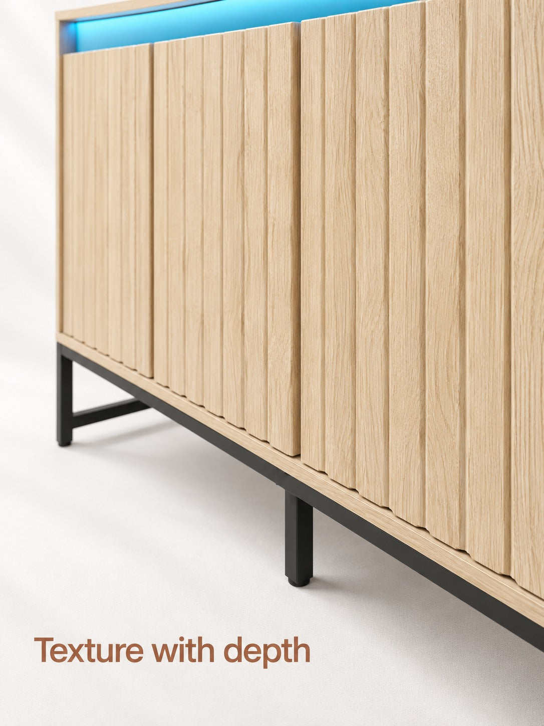 Fluted Wood-Look Sideboard with LED Light and Storage