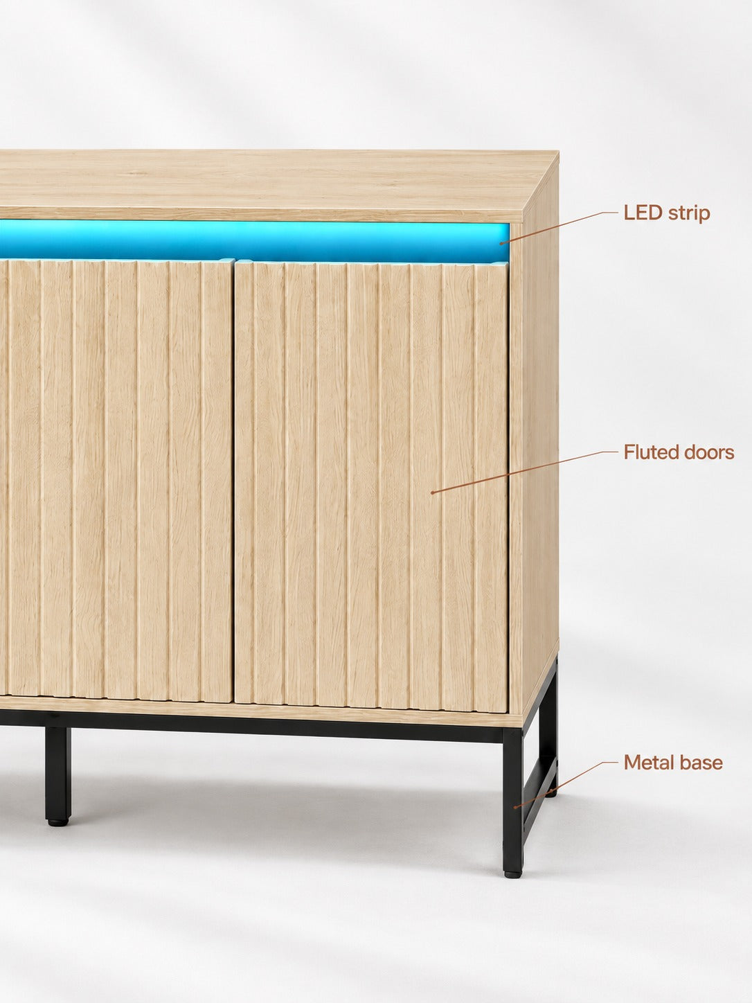 Fluted Wood-Look Sideboard with LED Light and Storage