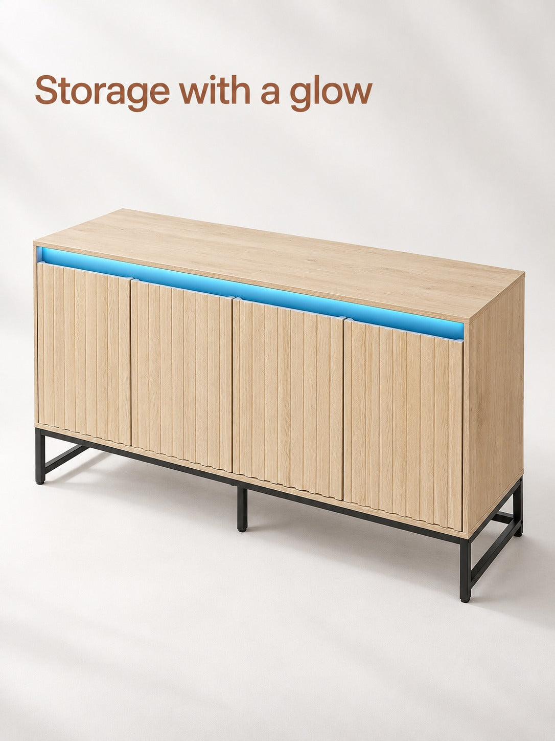 Fluted Wood-Look Sideboard with LED Light and Storage