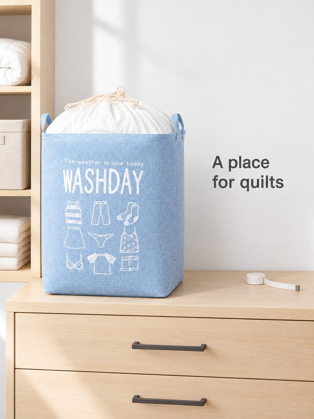 Foldable Laundry Basket with Drawstring Lid for Quilts