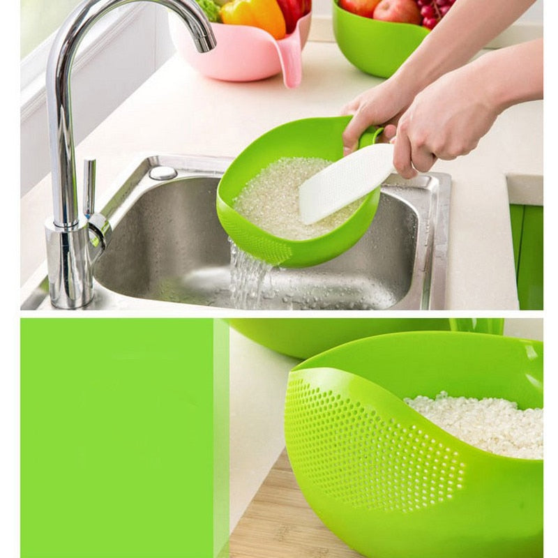 Rice Washing Bowl Strainer with Drain Mesh and Pour Handle