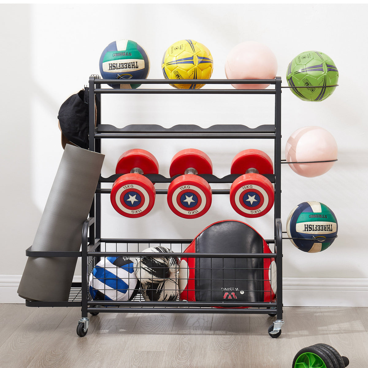 Four-Tier Metal Ball Storage Rack with Rolling Casters