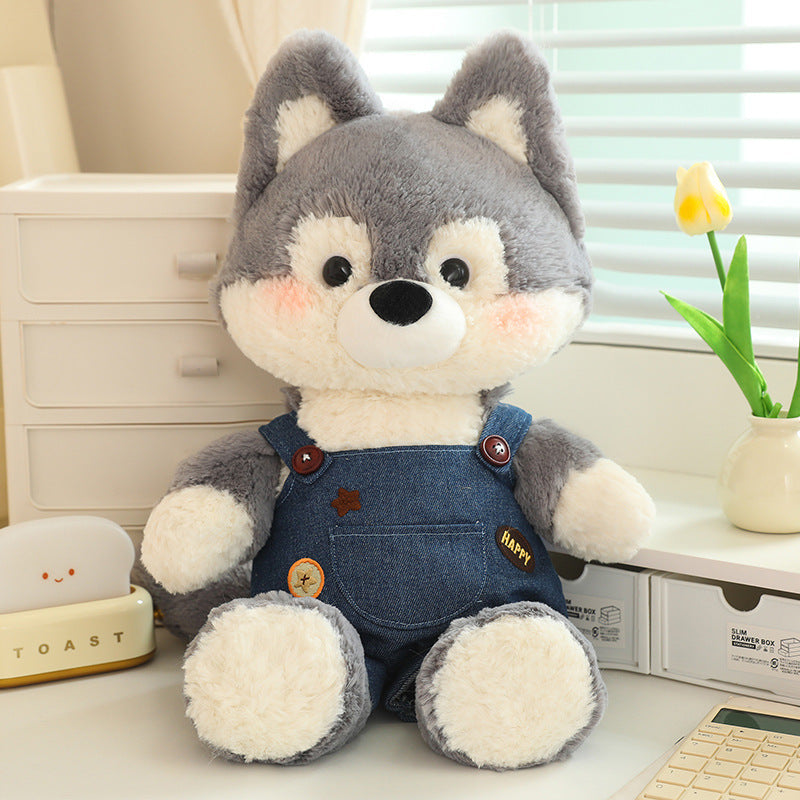 Fox Plush Toy With Denim Overalls for Cozy Room Décor