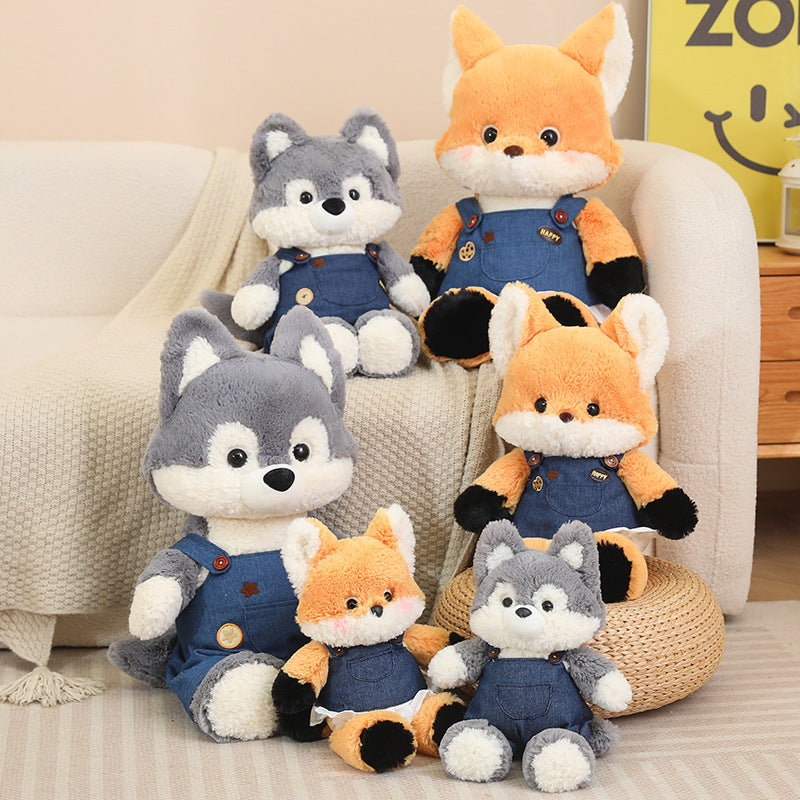 Fox Plush Toy With Denim Overalls for Cozy Room Décor