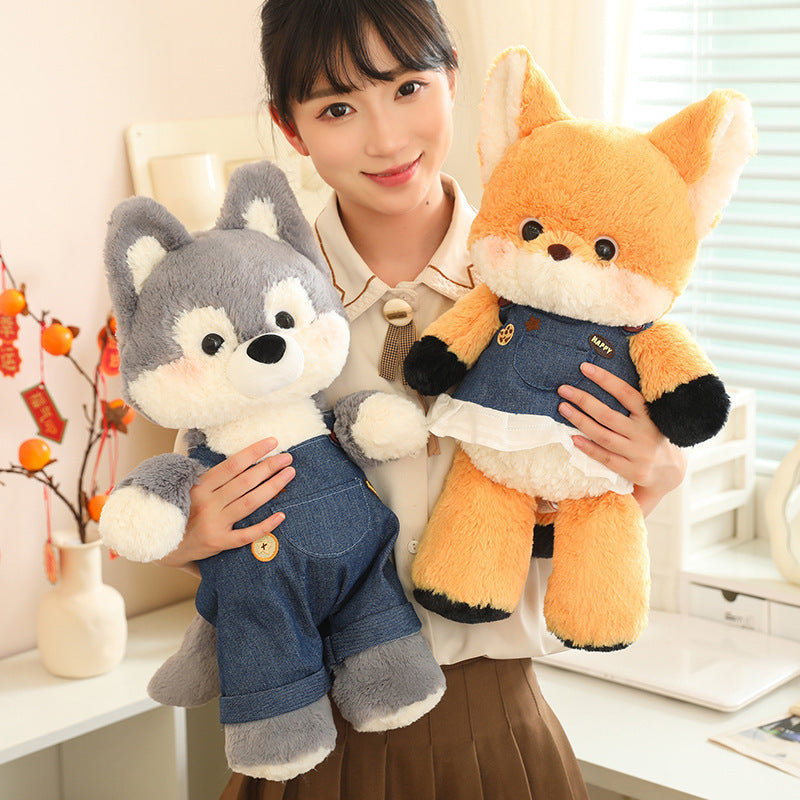 Fox Plush Toy With Denim Overalls for Cozy Room Décor