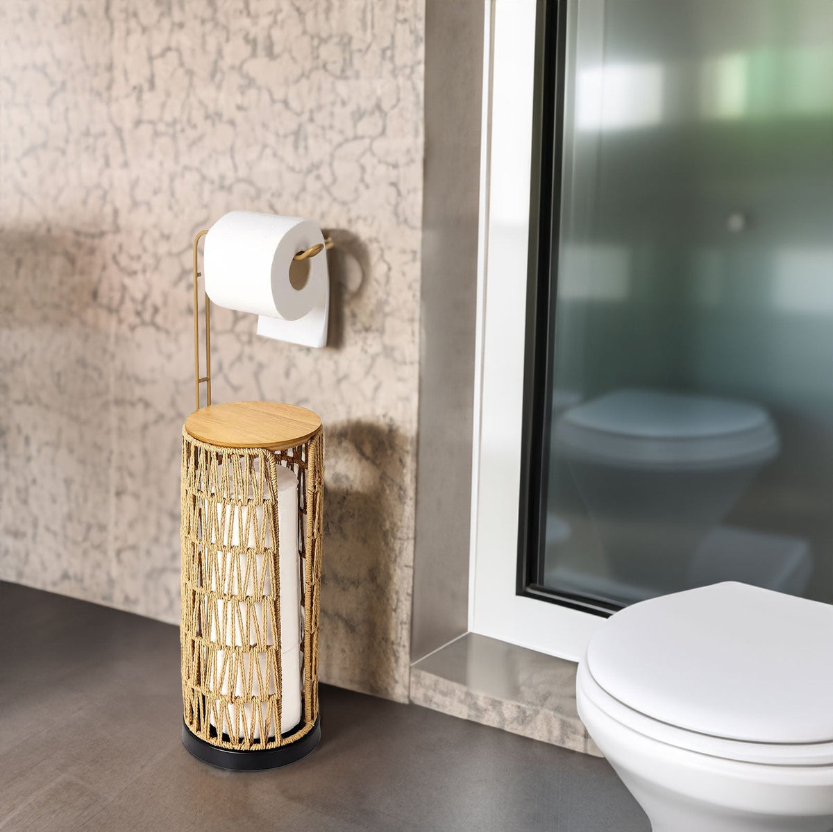 Freestanding Toilet Paper Holder with Storage, Boho Woven