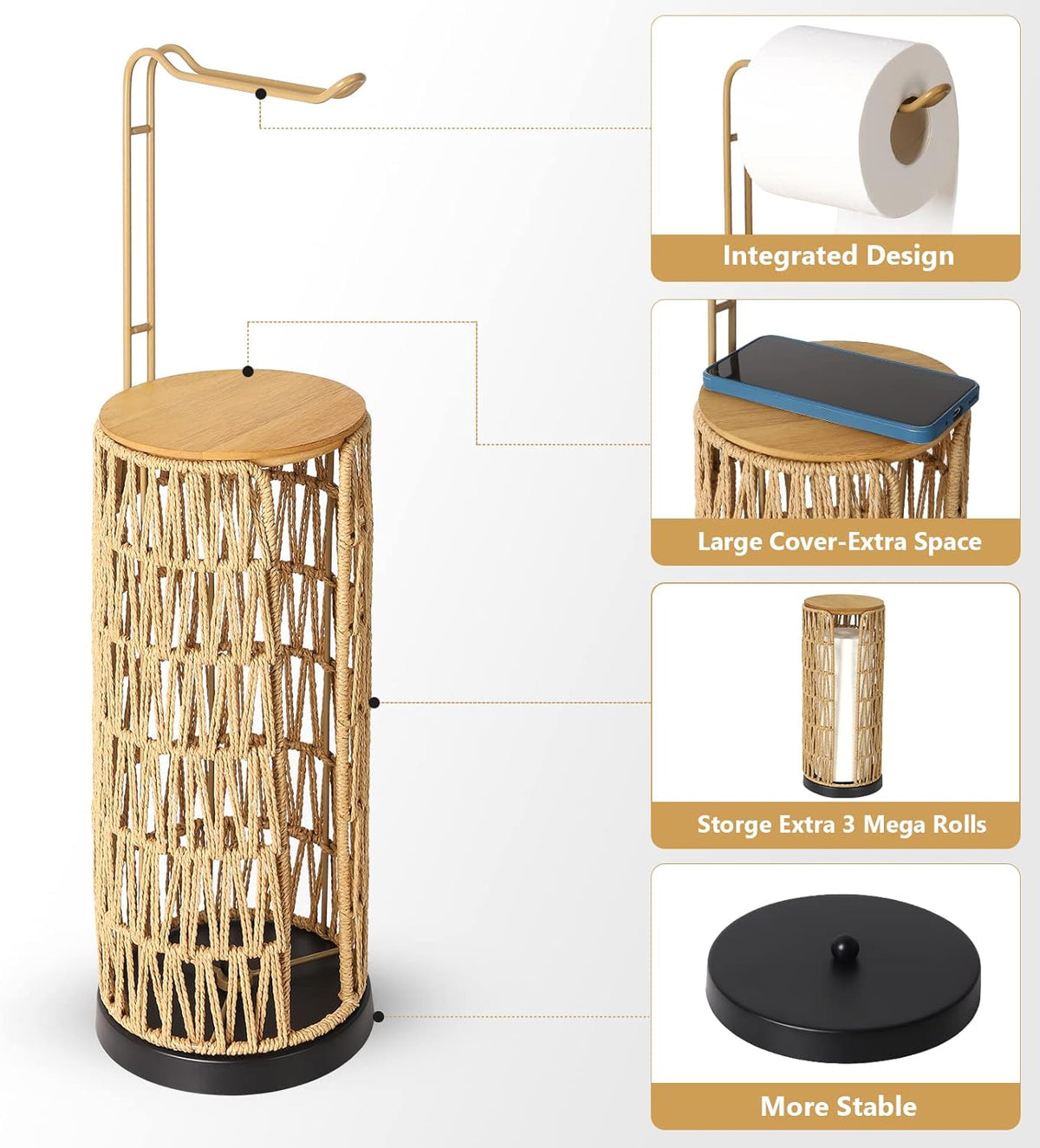 Freestanding Toilet Paper Holder with Storage, Boho Woven