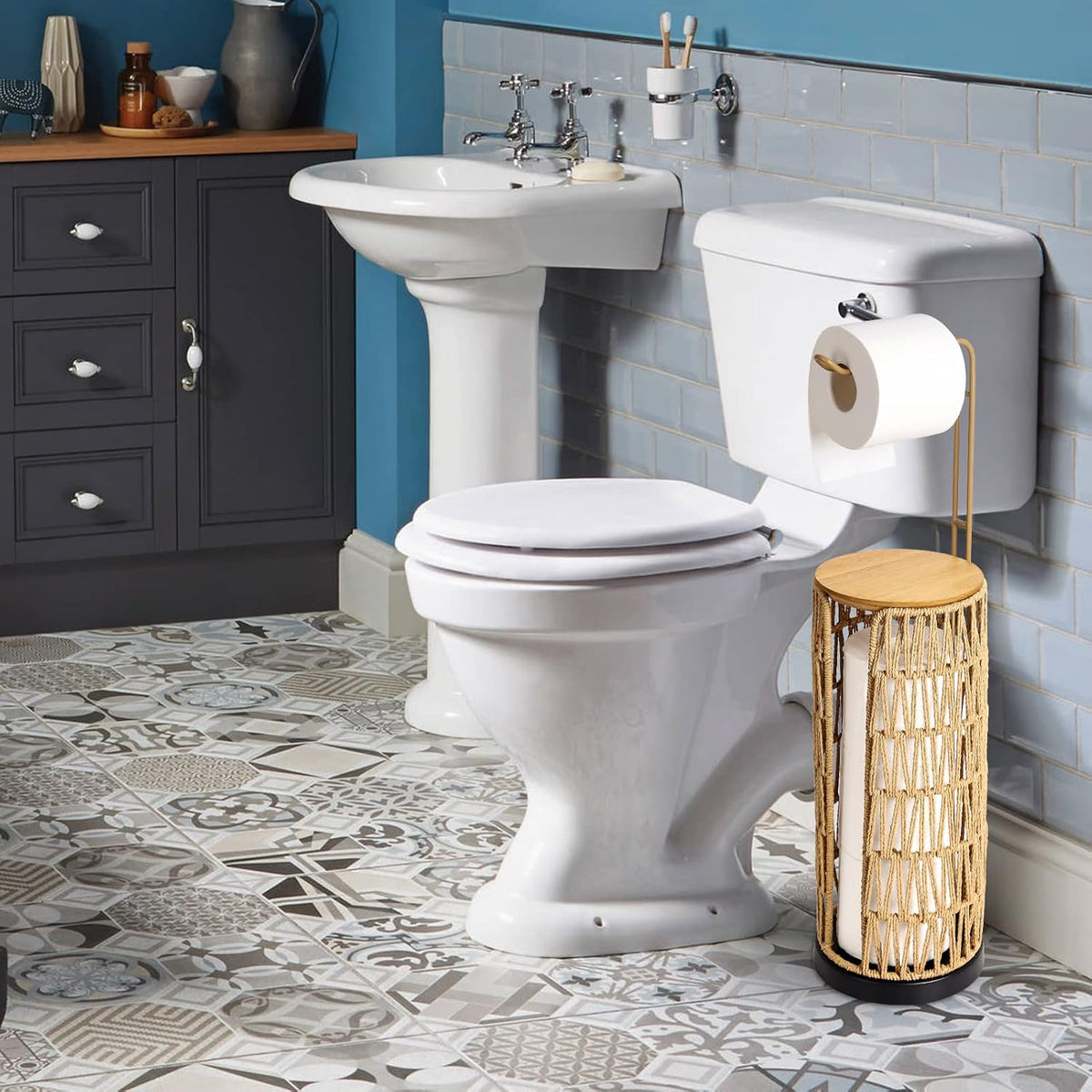Freestanding Toilet Paper Holder with Storage, Boho Woven