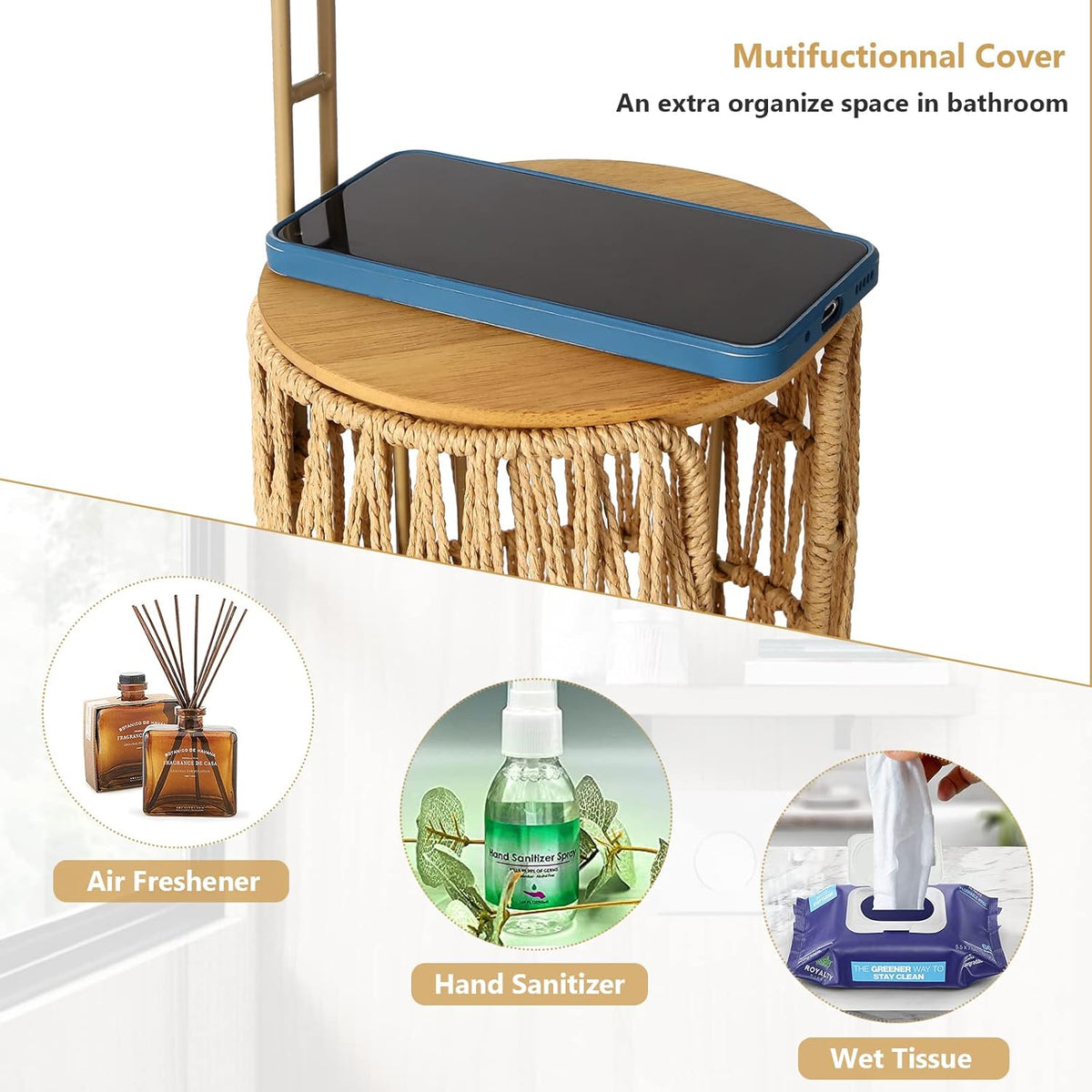 Freestanding Toilet Paper Holder with Storage, Boho Woven