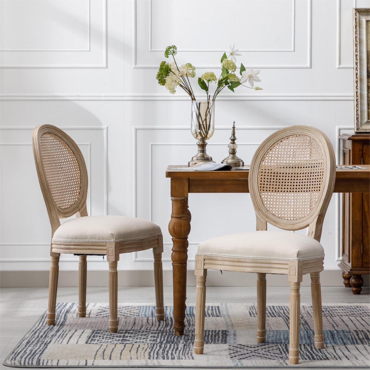 French-Style Dining Chairs Set of 2 with Rattan Back