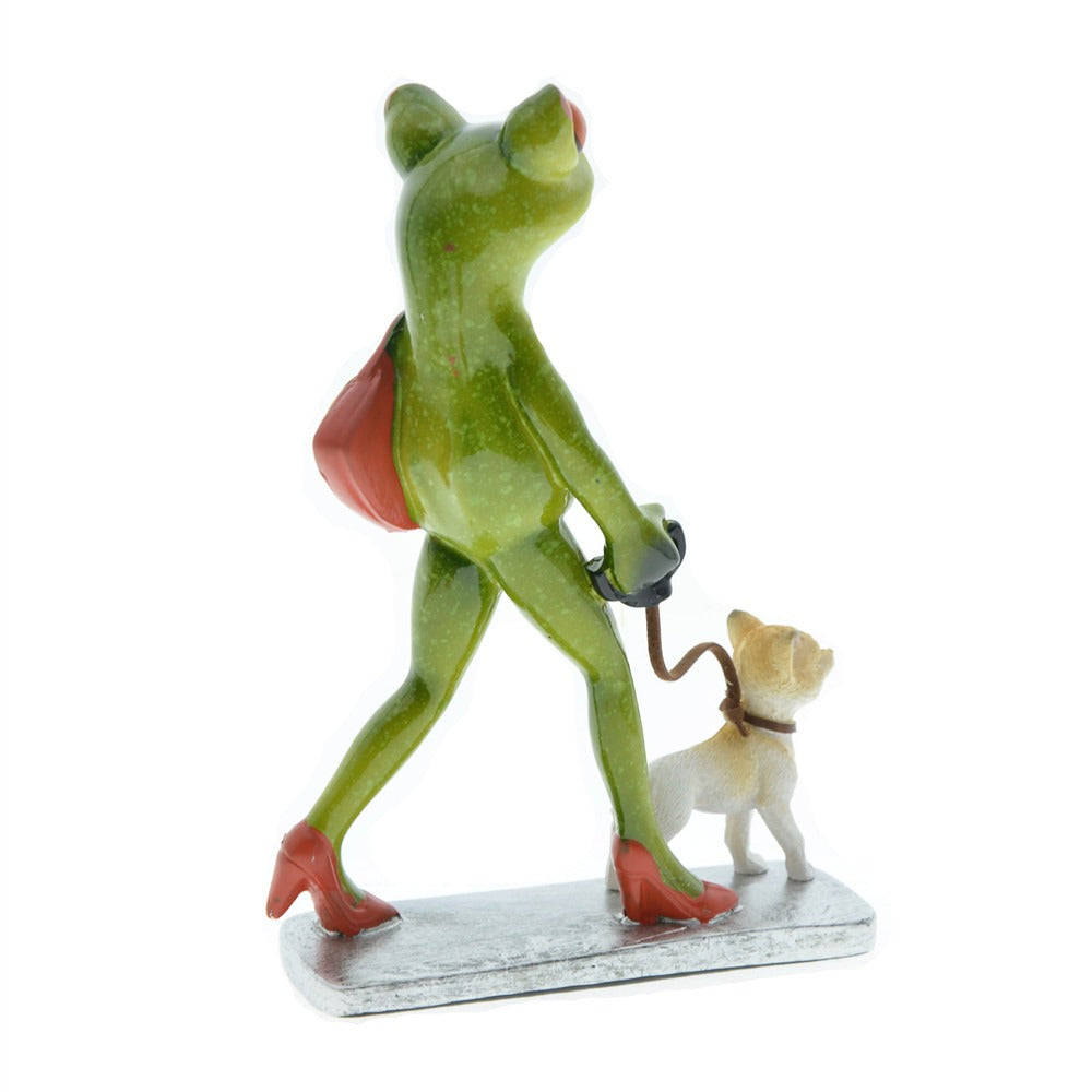 Frog Walking Dog Ornament – Whimsical Shelf Decor