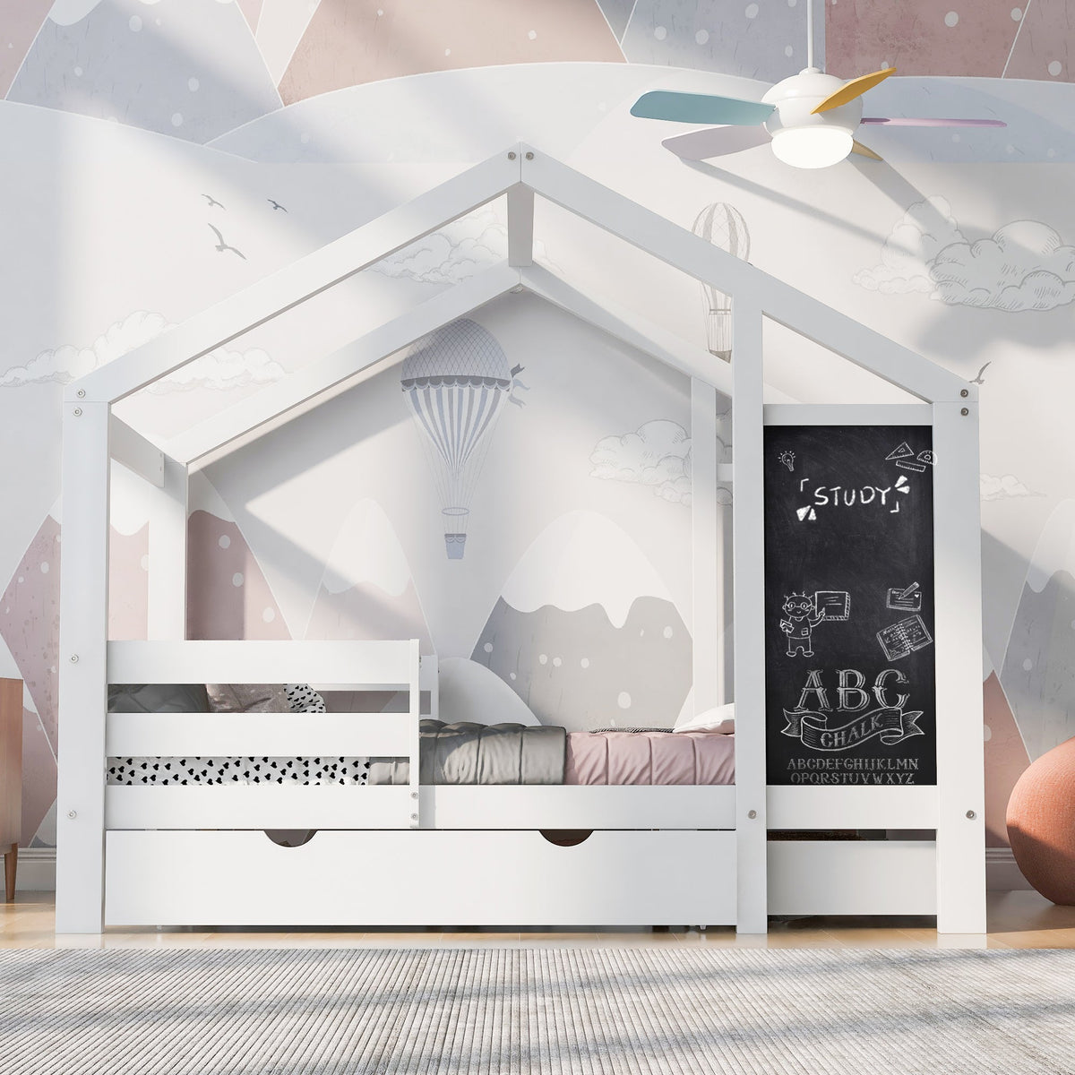 Kids House Bed with Chalkboard and Storage Drawers