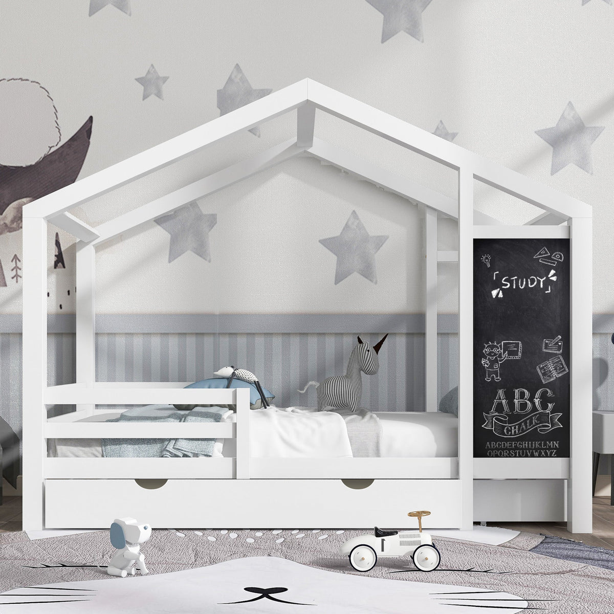 Kids House Bed with Chalkboard and Storage Drawers
