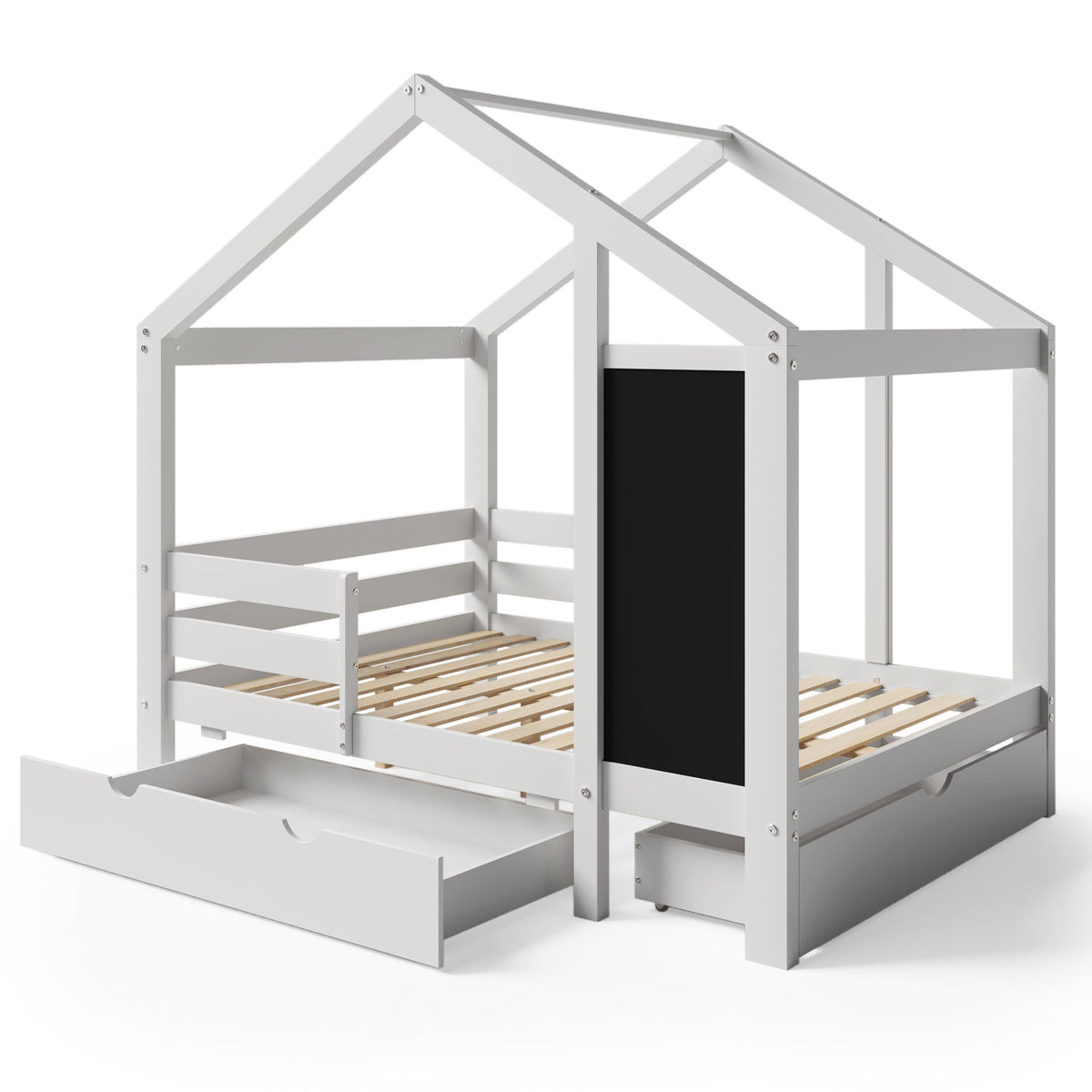 Kids House Bed with Chalkboard and Storage Drawers
