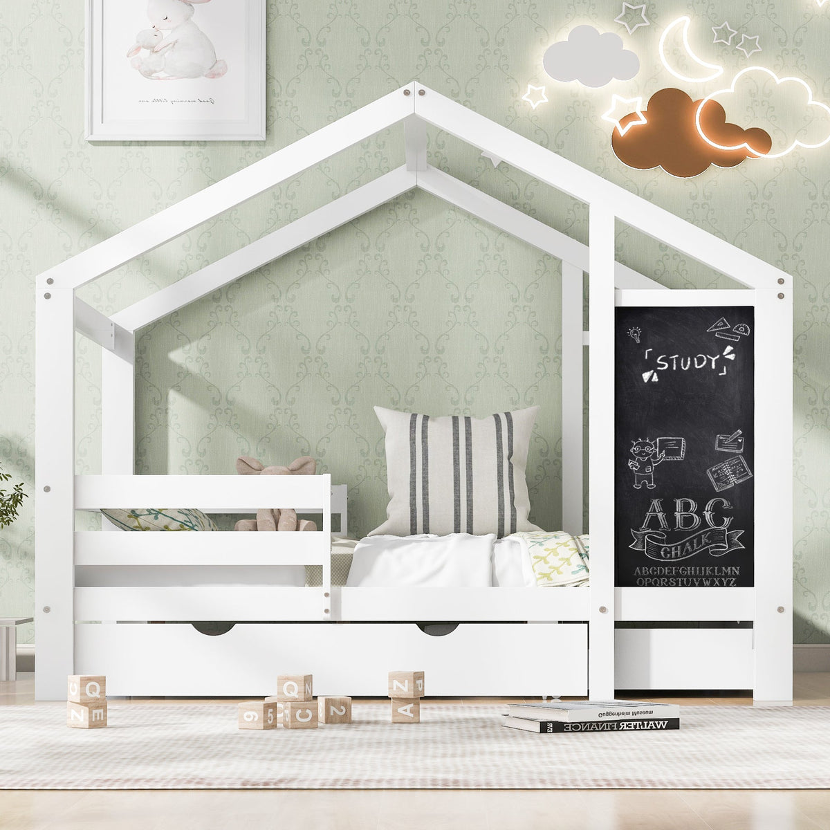 Kids House Bed with Chalkboard and Storage Drawers