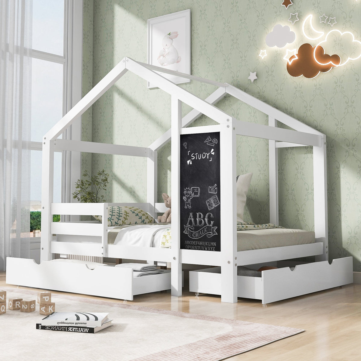 Kids House Bed with Chalkboard and Storage Drawers