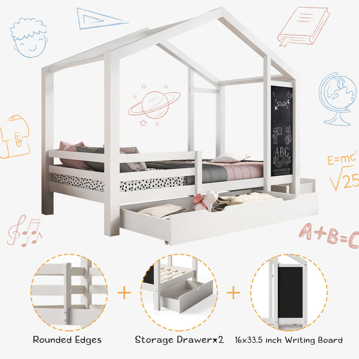 Kids House Bed with Chalkboard and Storage Drawers