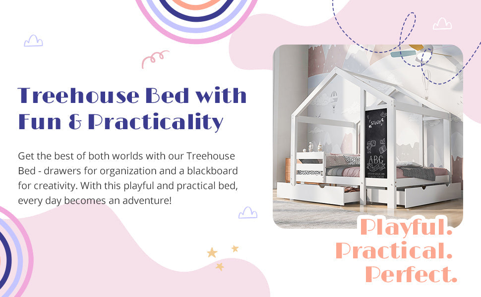Kids House Bed with Chalkboard and Storage Drawers