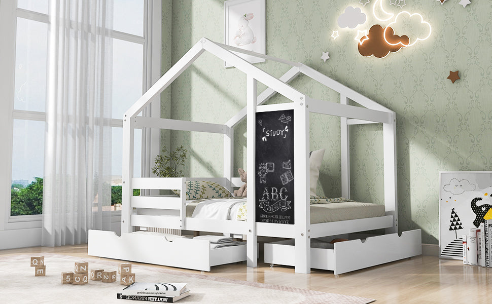 Kids House Bed with Chalkboard and Storage Drawers