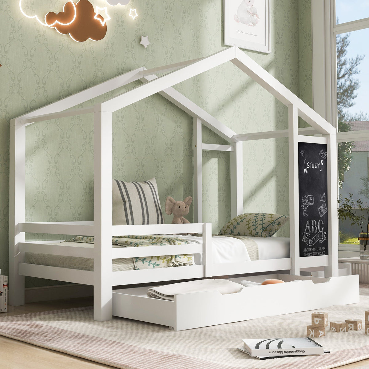 Kids House Bed with Chalkboard and Storage Drawers