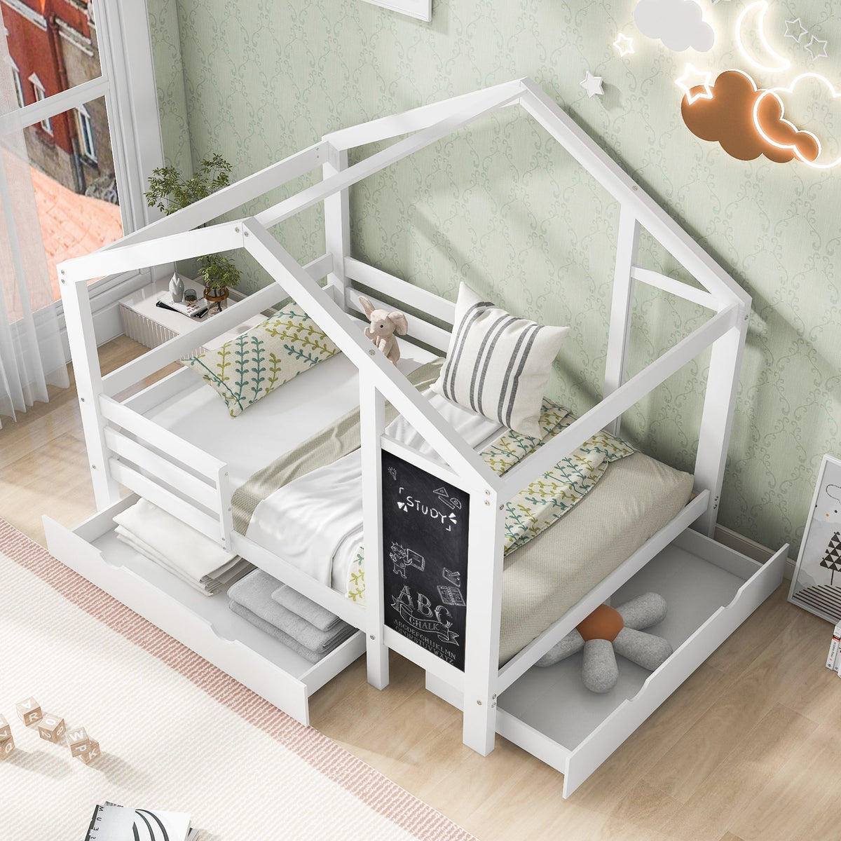 Kids House Bed with Chalkboard and Storage Drawers