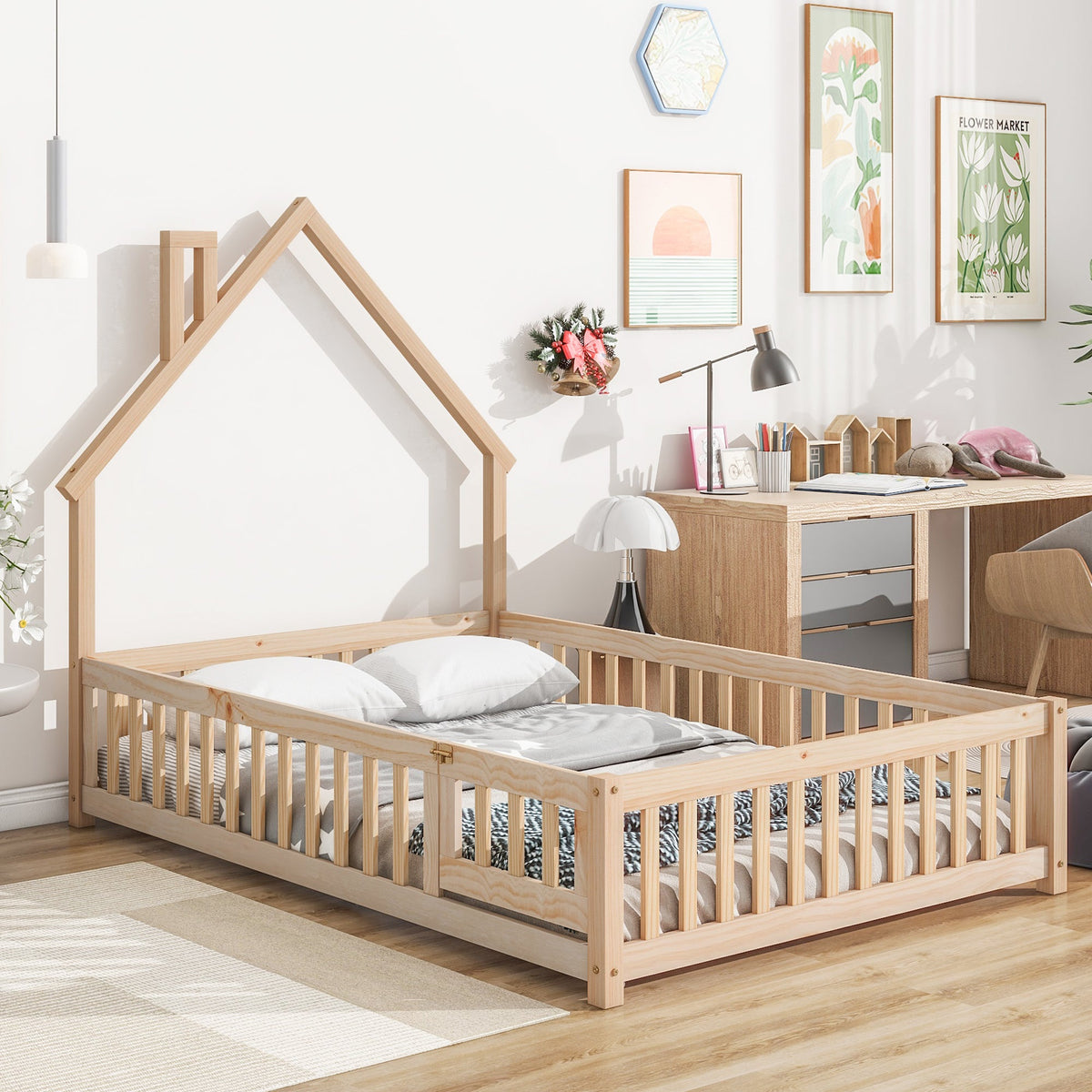 Full House Floor Bed for Toddlers, Solid Pine
