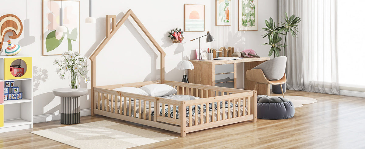 Full House Floor Bed for Toddlers, Solid Pine
