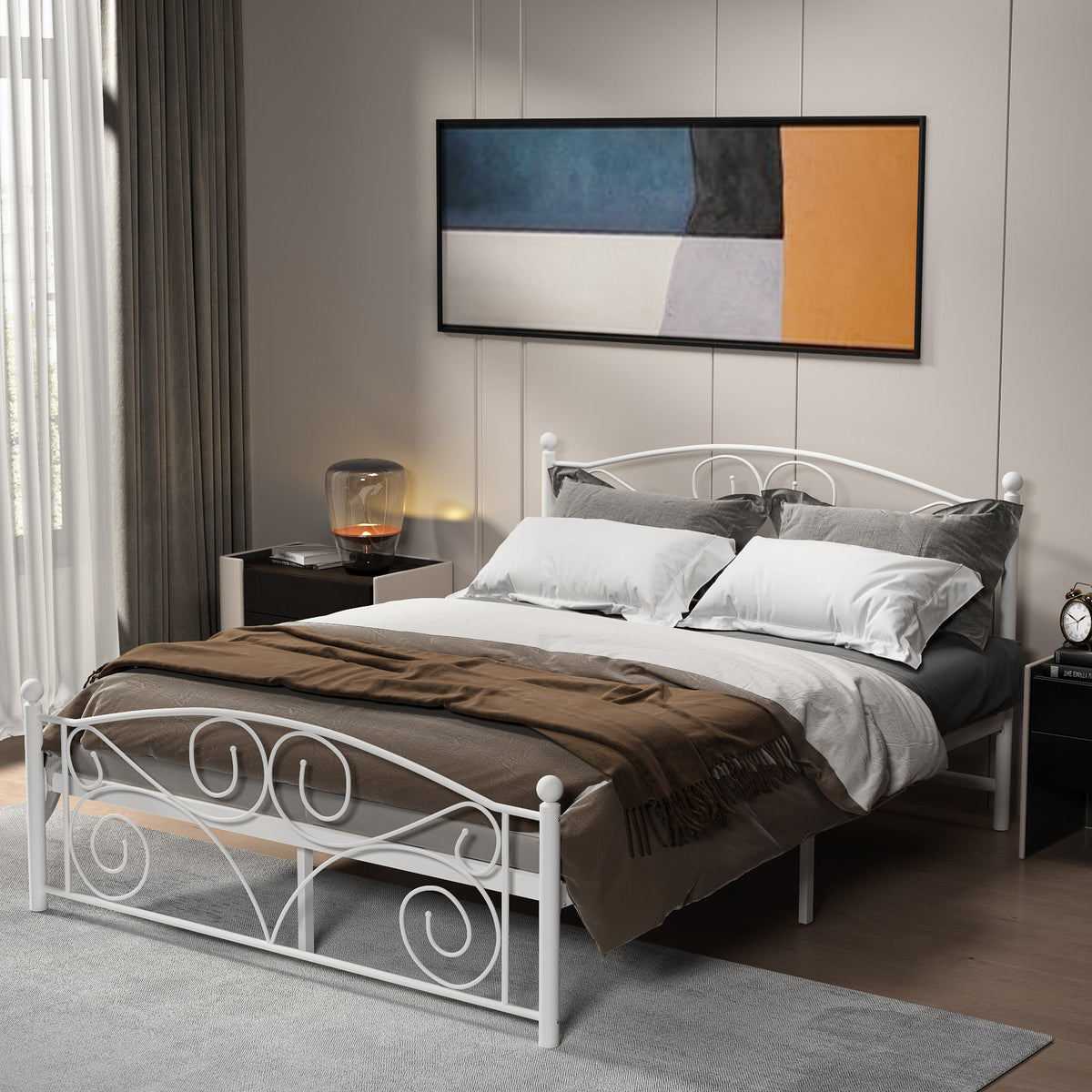 White Metal Bed Frame Full Size with Scrolled Headboard