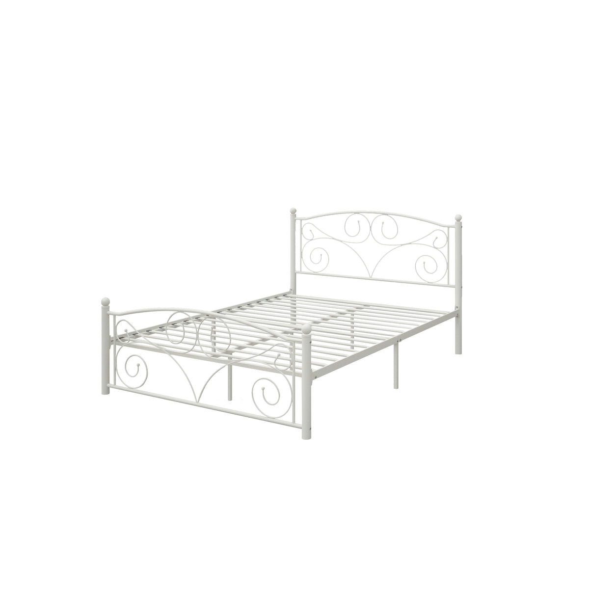 White Metal Bed Frame Full Size with Scrolled Headboard