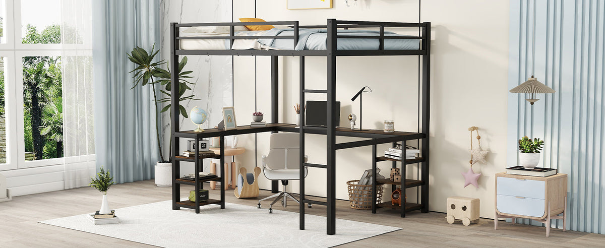 Black Full Size Metal Loft Bed with Desk and Shelf