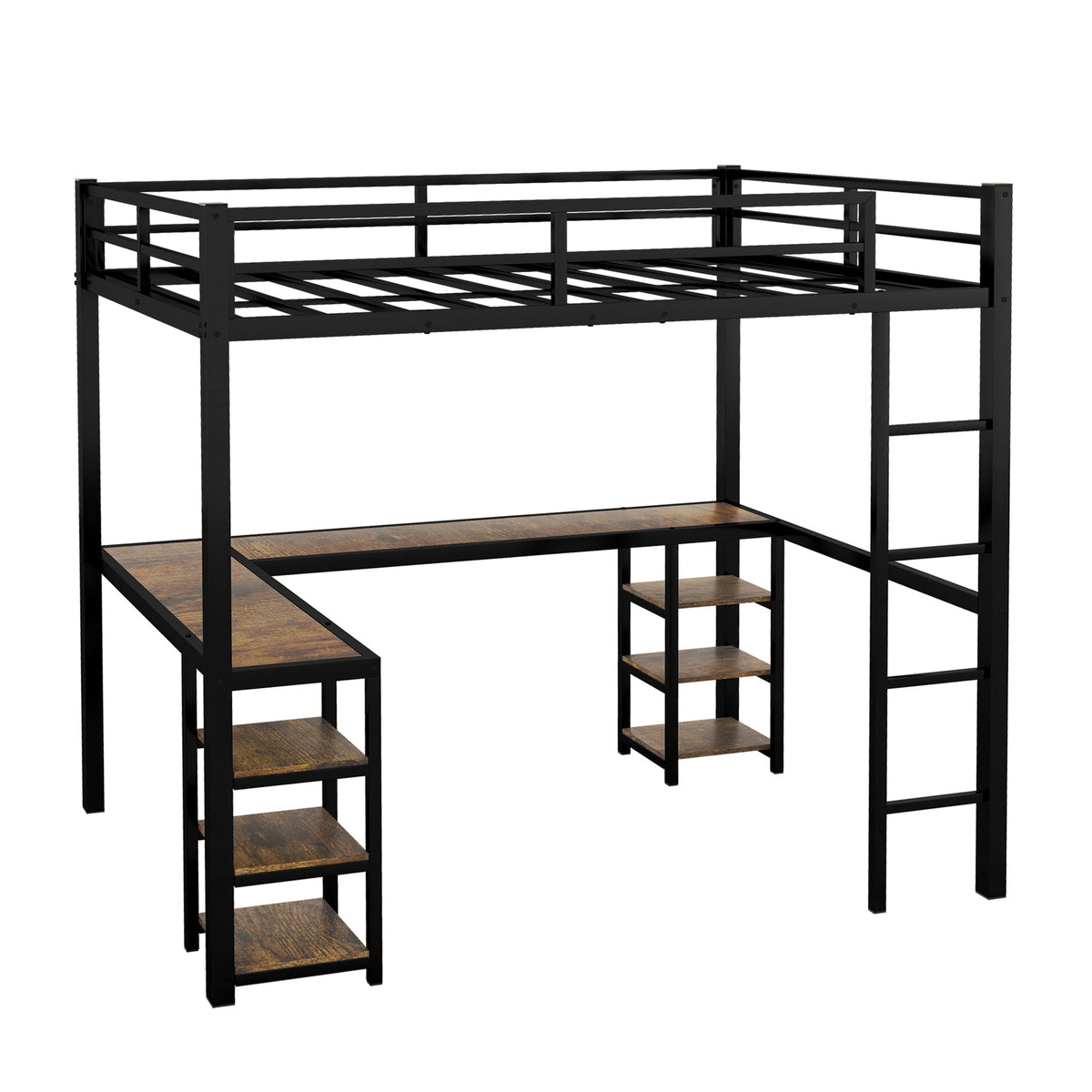 Black Full Size Metal Loft Bed with Desk and Shelf