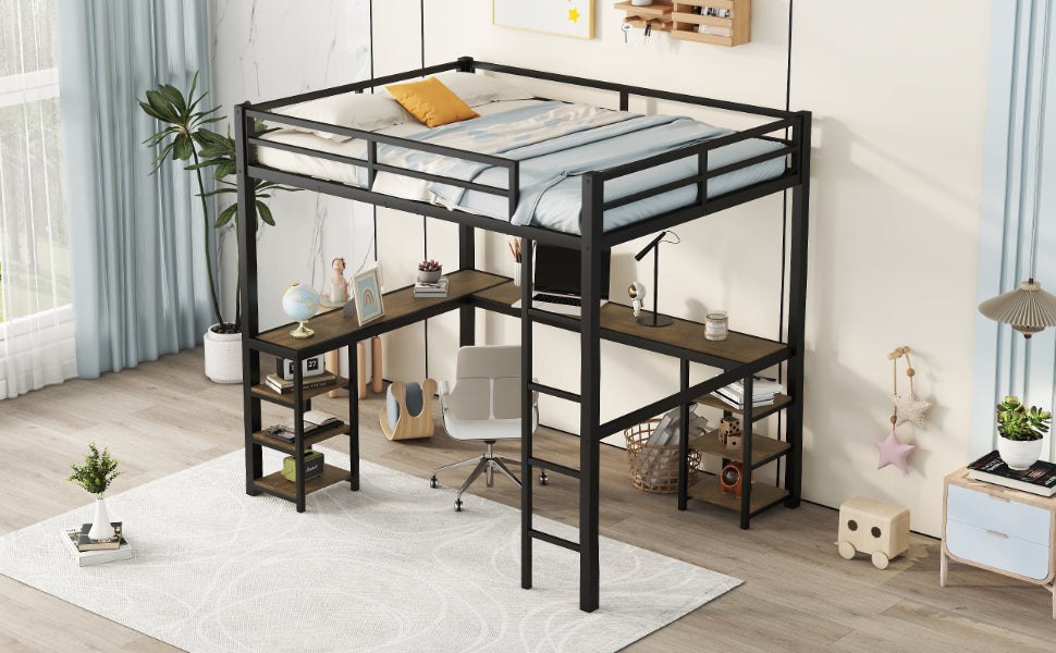 Black Full Size Metal Loft Bed with Desk and Shelf