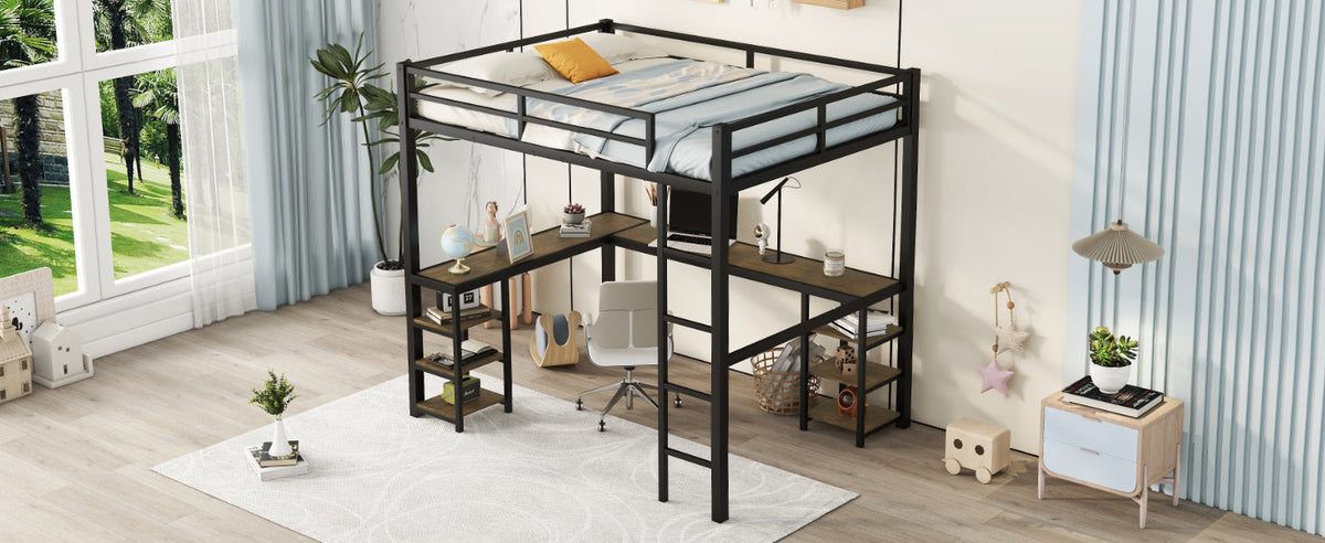 Black Full Size Metal Loft Bed with Desk and Shelf