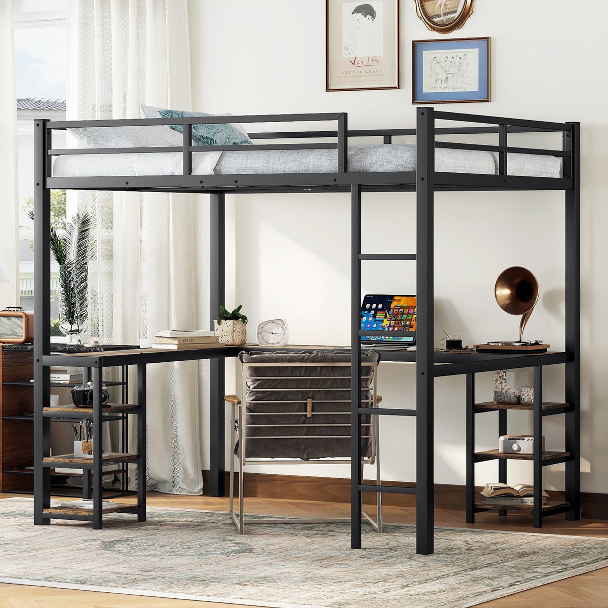 Metal Loft Bed with Desk and Shelves for Small Rooms