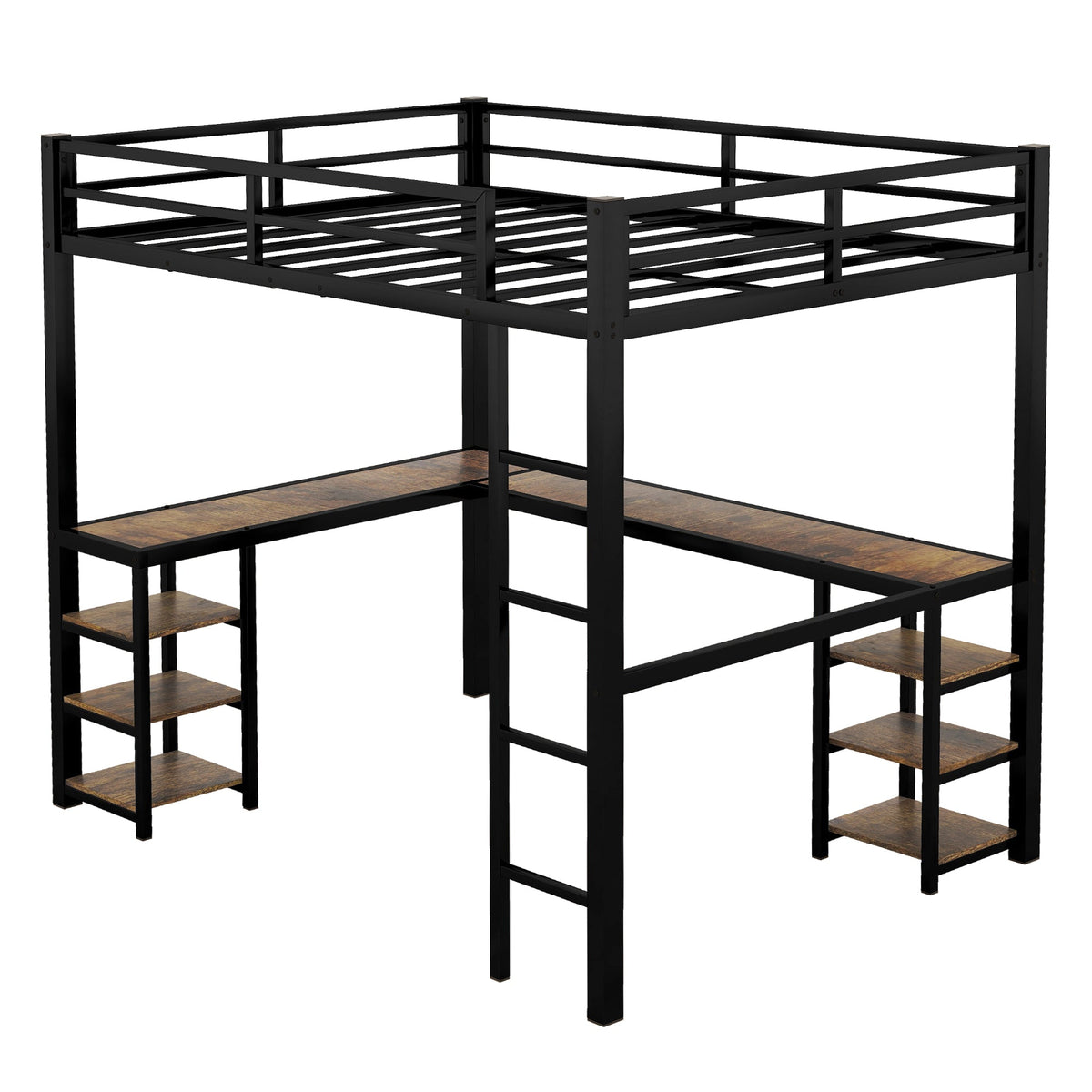 Black Full Size Metal Loft Bed with Desk and Shelf