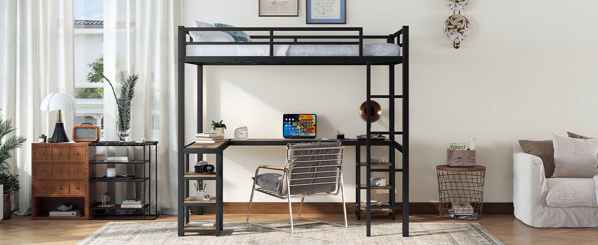Metal Loft Bed with Desk and Shelves for Small Rooms