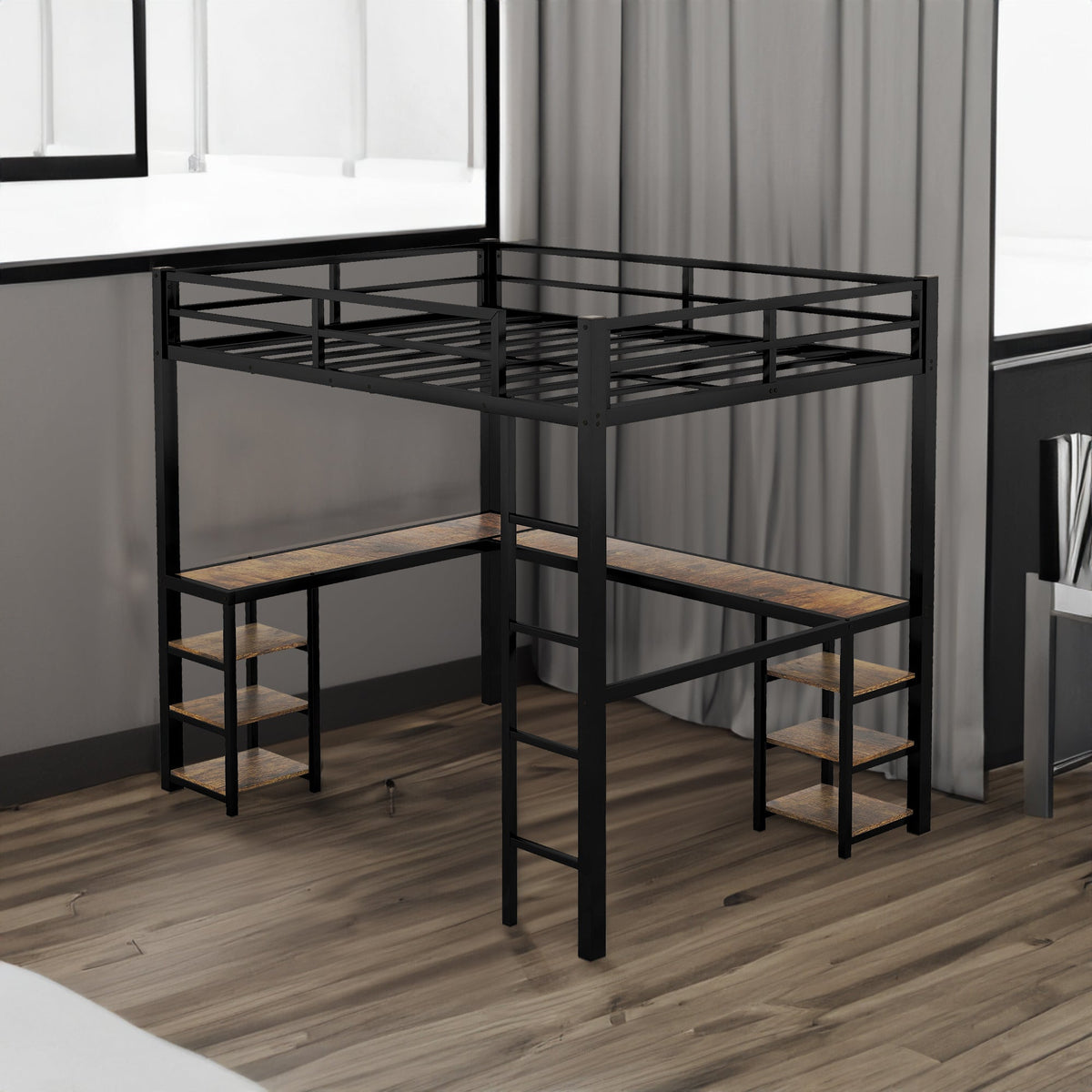 Black Full Size Metal Loft Bed with Desk and Shelf