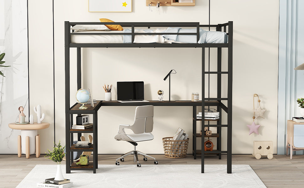 Black Full Size Metal Loft Bed with Desk and Shelf