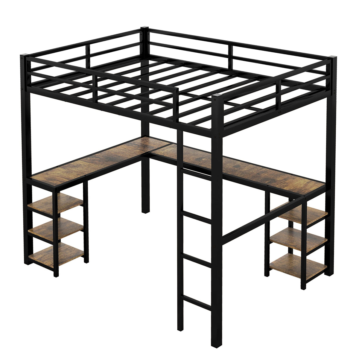 Metal Loft Bed with Desk and Shelves for Small Rooms